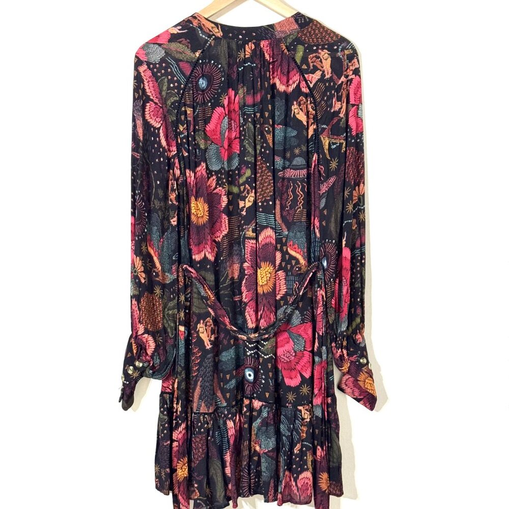 Farm Rio River Creatures Black Floral Mini Dress Tie Belt Button Front Tassels - Picture 7 of 16